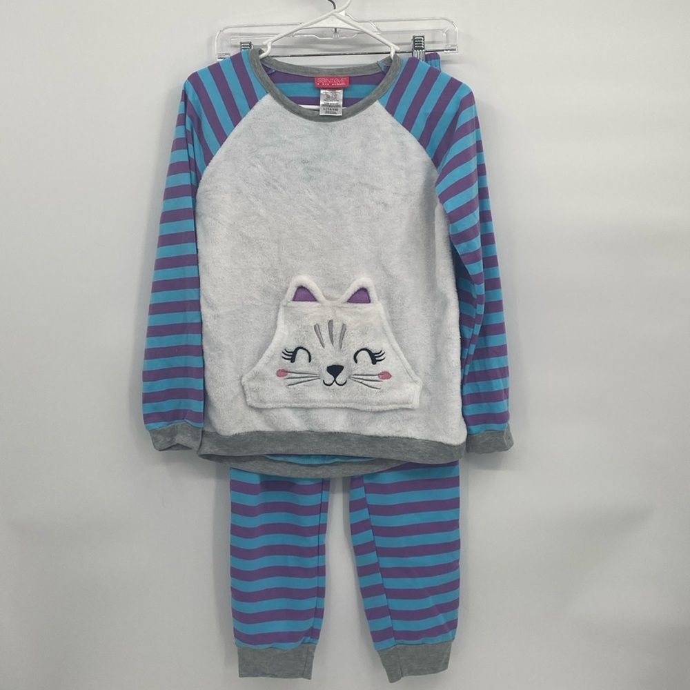 Saint Eve Kids Pajama Set Fuzzy Cat Pocket Sweatshirt Striped Pants L 14/16